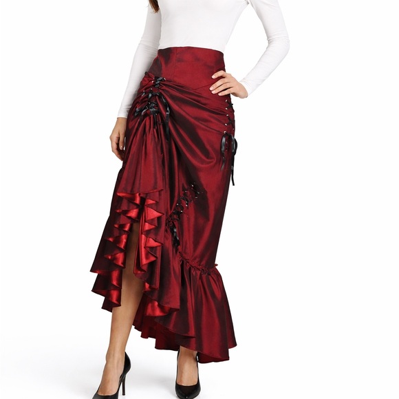 M Signature Label Collection Dresses & Skirts - Red Silky Lace Up Trumpet Skirt
